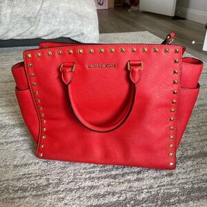 Michael Kors Red Saffiano Leather Satchel with Gold Tone Studs